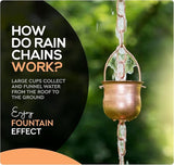 8.5’ Long Copper Rain Chain, Decorative Cups & Chimes, Gutter Downspout Replacement, Water Diverter for Home, Pot Style, Universal Fit