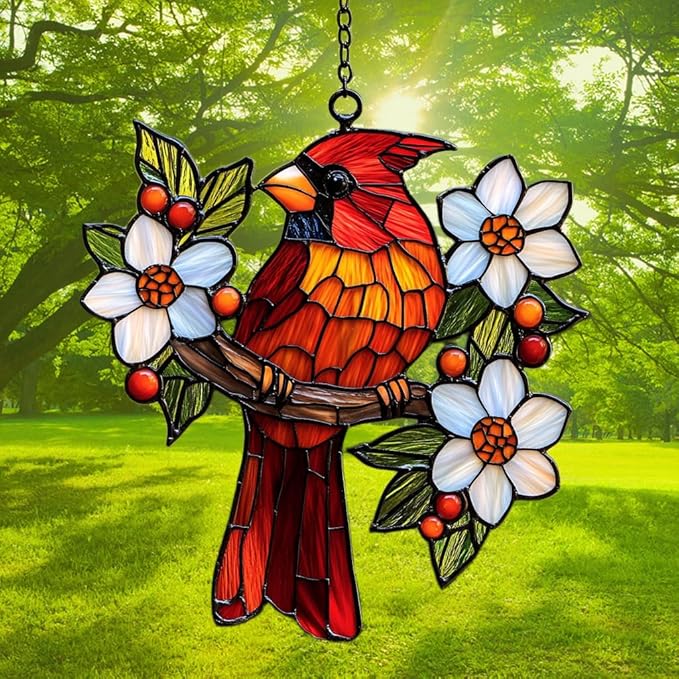 Cardinal Mosaic Effect Acrylic Suncatcher Stained Glass Effect Window Car Hanging Christmas Ornament Indoor Outdoor Decor Garden Sun Catcher Panel for Acrylic Suncatcher Lover for Women Mom Grandma