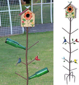 Multifunctional Metal Bird House Glass Bottle Tree Stake for Outdoor Colorful Garden Decorative Bottle Holder & Outdoor