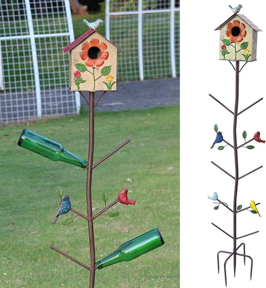Multifunctional Metal Bird House Glass Bottle Tree Stake for Outdoor Colorful Garden Decorative Bottle Holder & Outdoor