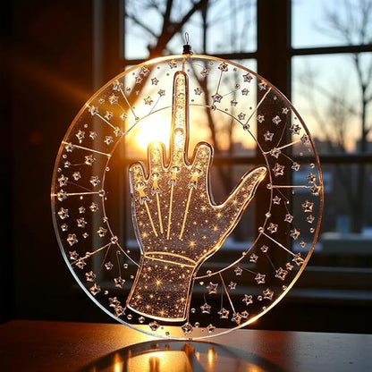 Middle Finger Suncatcher Color Stained Glass Window Hanging, Handmade Acrylic Funny Light Sun Catcher Indoor Outdoor Wall Hanger Ornament, Hand-Painted Glass Panel Decor for Home Office (F)