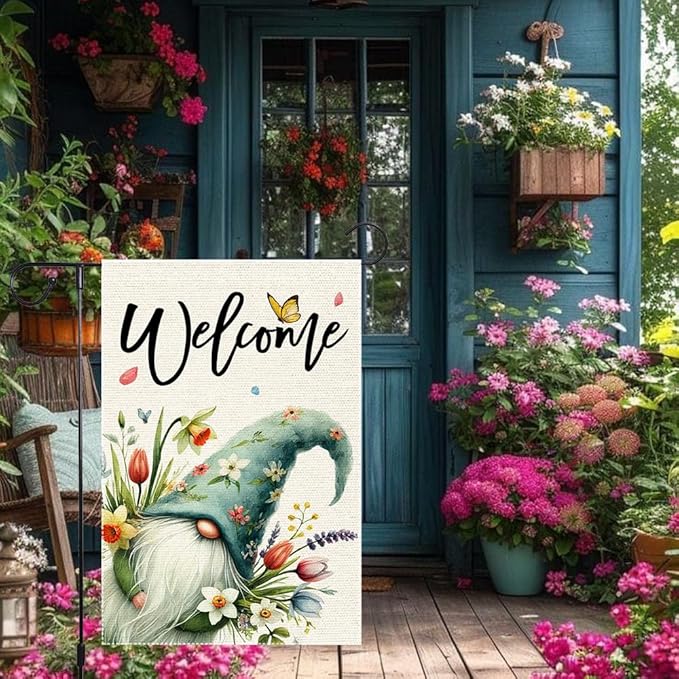 Welcome Spring Summer Tulip Garden Flag Flowers Butterfly Garden Flags 12x18 Inch Burlap Double Sided Gnome Colorful Floral Small Lawn Yard Outside Rustic Farmhouse Holiday Decorations Flags