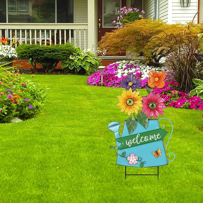 YEAHOME Garden Decor for Outside, 24.4“ Decorative Garden Stakes Metal Watering Can with 4 Flowers for Spring Decor, Welcome Yard Signs for Outdoor Lawn Backyard Patio Porch Pathway Decorations