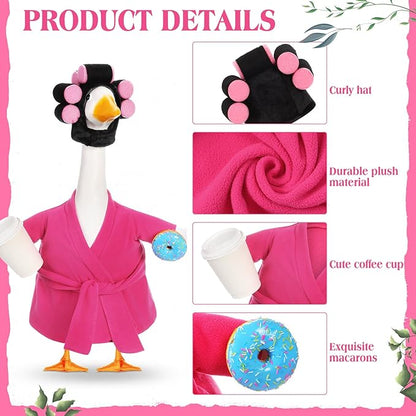 Shyyween Lady Porch Goose Outfits for 23'' Cement Plastic Geese Statue Clothes Hot Pink Bathrobe Curlers Coffee Cup for Outdoor Garden Lawn Yard Patio Decoration