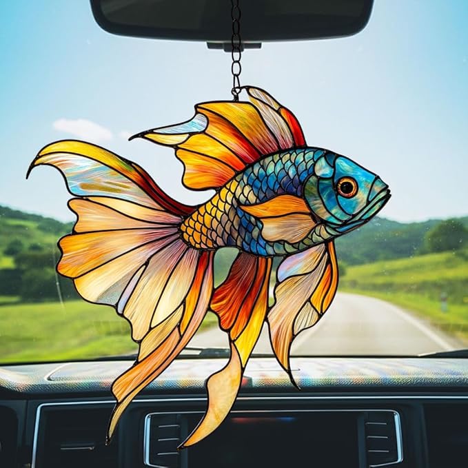Rainbow Beta Fish Acrylic Suncatcher Stained Glass Effect Window Car Hanging Christmas Ornament Indoor Outdoor Decor Garden Sun Catcher Panel for Acrylic Suncatcher Lover for Women Mom Grandma