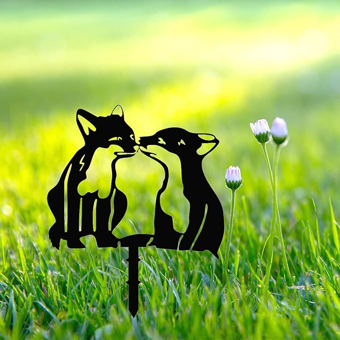 Adorable Fox Stake Decoration, Metal Yard Art Animal Stake Black Fox Silhouette Statues for Yard Lawn Outdoor Decorations (2PCS)