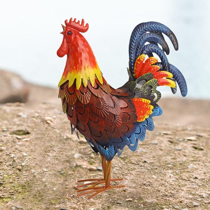Iron Rooster Garden Statue Lawn Ornament Decoration Figure Sculpture for Porch