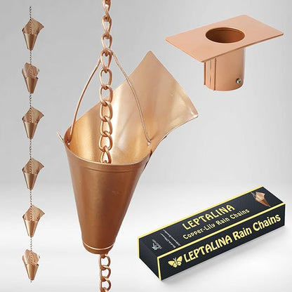 8.5FT Rain Chains for Drain Gutter Through Downspouts and Rain Barrel with Rain Chain Gutter Adapter - Outdoor Rust-Resistant Plated Iron and Thick Chain Garden Décor (Copper-Lily)