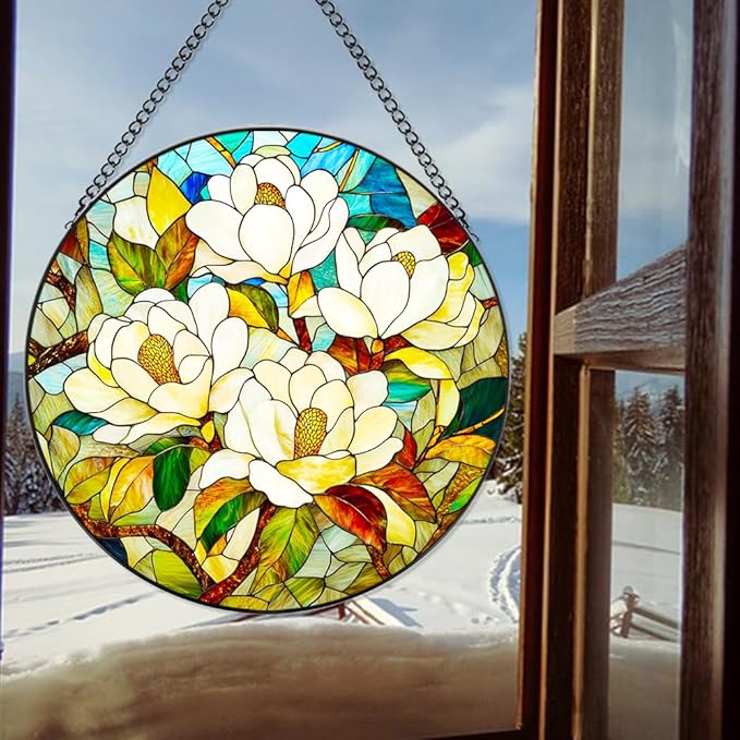 Magnolia Flower Stained Glass Suncatcher - Elegant Handmade Window Decor with Vibrant Colors, Garden Ornament & Gift Idea for Nature Lovers (White, 11.8 * 11.8IN)