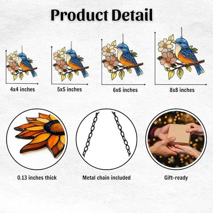 Bluebird Acrylic Suncatcher Stained Glass Effect Window Car Hanging Christmas Ornament Indoor Outdoor Decor Garden Sun Catcher Panel for Acrylic Suncatcher Lover for Women Mom Grandma