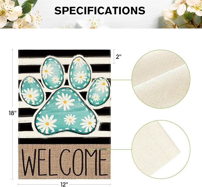 AVOIN colorlife Blue Paw Print Spring Garden Flag 12x18 Inch Double Sided Outside, Daisy Floral Welcome Stripes Yard Outdoor Flag