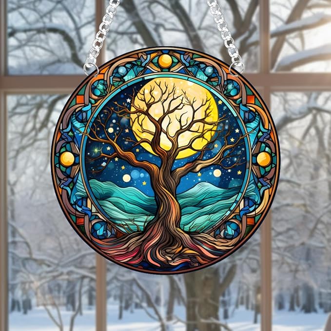 1PC Tree of Life Stained Glass Suncatcher Nature Round Big Trees and Stars Moon Suncatcher Hanging Decoration with Metal Chain-SunCatchers for Window Decor Outdoor Garden Decor Gift