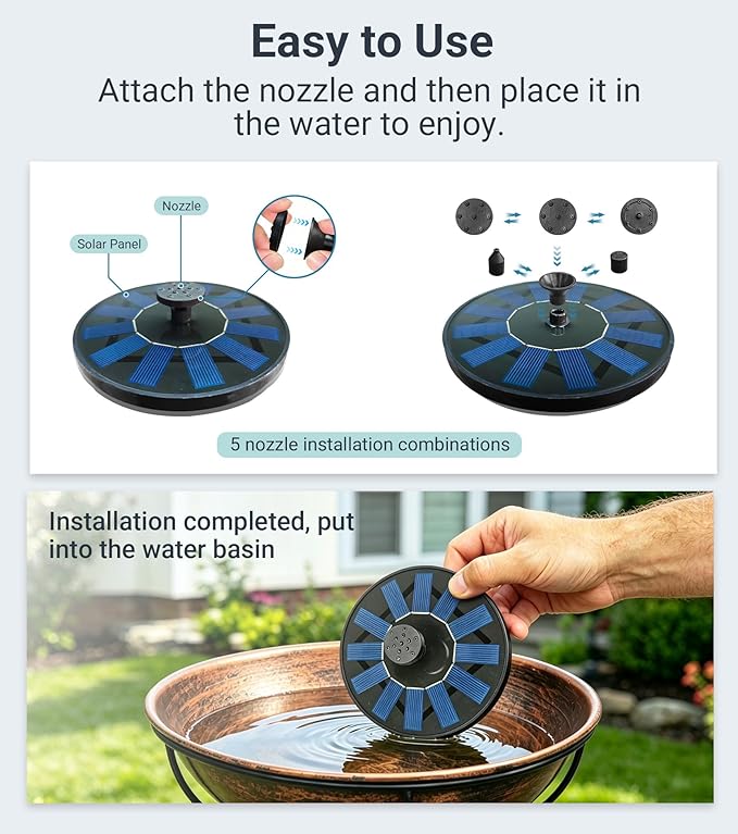 Solar Bird Bath Fountain Pump, 6V 1.2W Floating Solar Fountain, 5 Spray Patterns Water Pump for Bird Bath, Small Pond, Garden & Outdoor Water Features