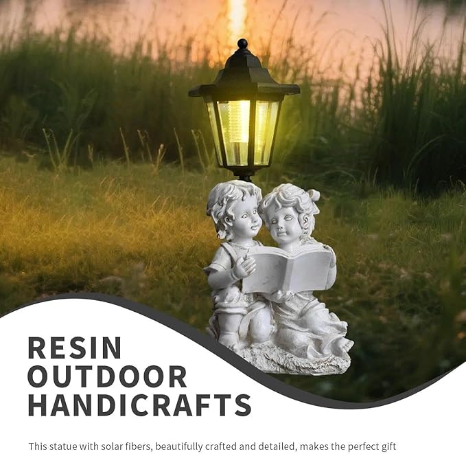 Solar Garden Angel Country Farm Reading Boy and Girl with Light, Outside Decorations for Patio Yard Lawn Walkway Ornaments