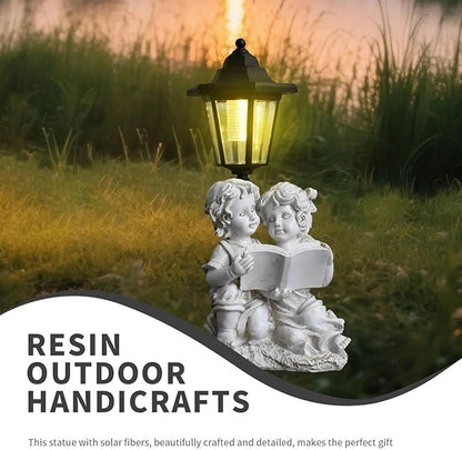 Solar Garden Angel Country Farm Reading Boy and Girl with Light, Outside Decorations for Patio Yard Lawn Walkway Ornaments