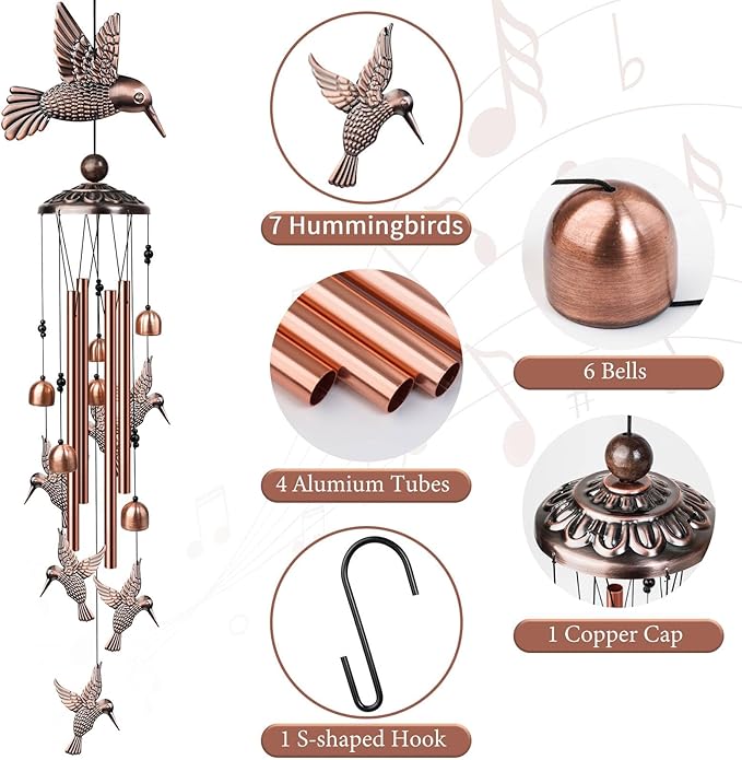 Hummingbird Wind Chimes for Outside, Decorative Wind Chime Hummingbird Gifts for Women/Mom/Grandma, Memorial Windchimes Outdoors with S Hook for Patio Garden Decor