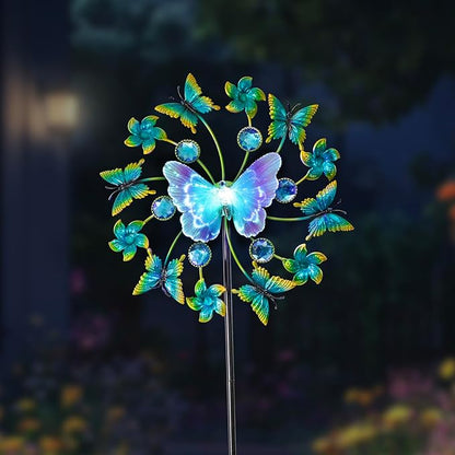 46" Butterfly Solar Outdoor Windmill Led Garden Wind Spinner, Sapphire Kinetic Wind Spinner Outdoor Decor, Wind Sculpture Yard Art for Patio, Lawn & Garden