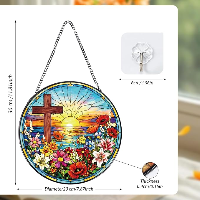 Rngmsi Cross Stained Glass Window Hanging, 8 Inch Wildflower Sunset Sun Catcher Gift, Religious Easter Faith Christian Gifts for Wall Art Hanging Decorations