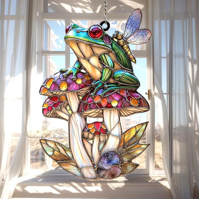 Frog Acrylic Suncatcher Indoor Colorful Window Hanging Ornament Outdoor Sun Catcher Panel for Home Decor Car Garden Crystal Gift Frog On Mushroom Suncatcher