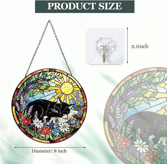 Stained Glass Window Hanging – Cat & Book Lover Gifts for Women Men, Sleeping Cat Suncatcher, Glass Ornament for Reading Room Home Garden Decor, Christmas Mother's Day Birthday Gifts, 8 Inch