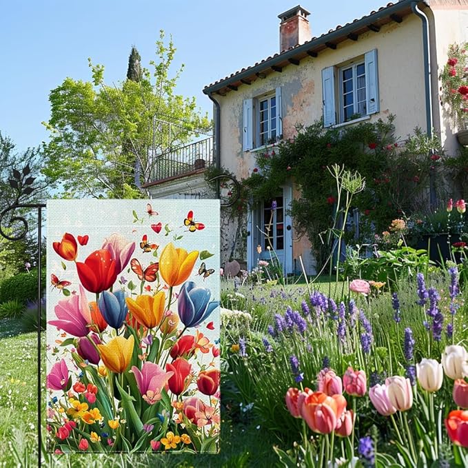 Spring Summer Tulip Garden Flag 12x18 Inch Double Sided, Colorful Welcome Yard Decor, Farmhouse Outdoor Flag for Lawn Patio Porch