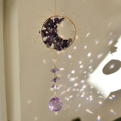 Hanging Sunlight Catcher, Sun & Moon Crystal Suncatcher, Crystal Hanging Ornament, Hanging Crystals for Decoration, Festival Gift, Window Decoration (Purple)