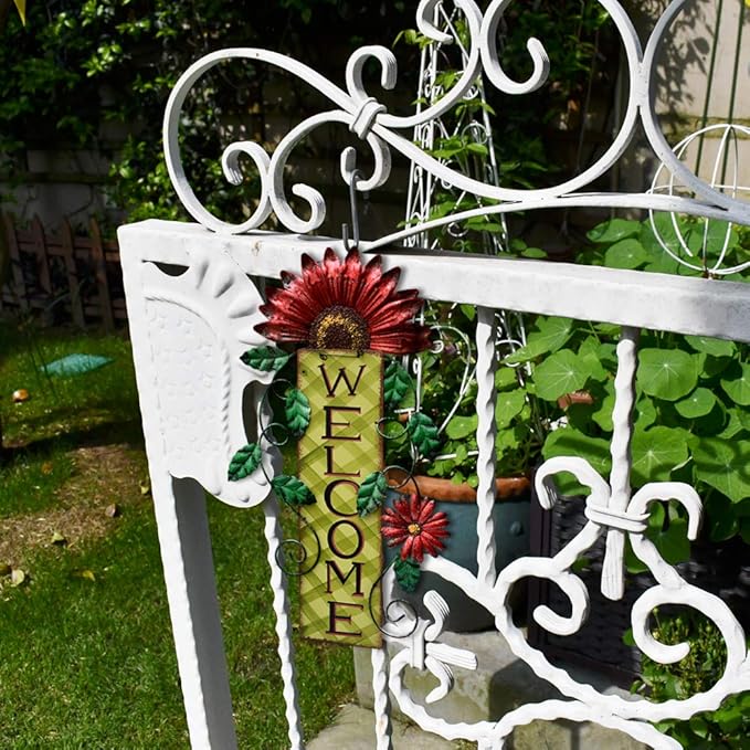 Welcome Sign for Front Door Decor Hanging Sign, Metal Flower Welcome Door Sign Wall Art Decor Hanging for Indoor Outdoor Patio Garden Yard Sign Porch Decoration 15.25X8.5In (A)