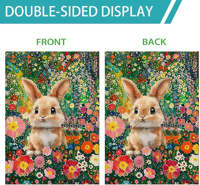 Easter Bunny House Flag 28x40 Double Sided, Colorful Floral Flowers Burlap Large Garden Yard Flag for Farmhouse Holiday Outside Spring Summer Decoration