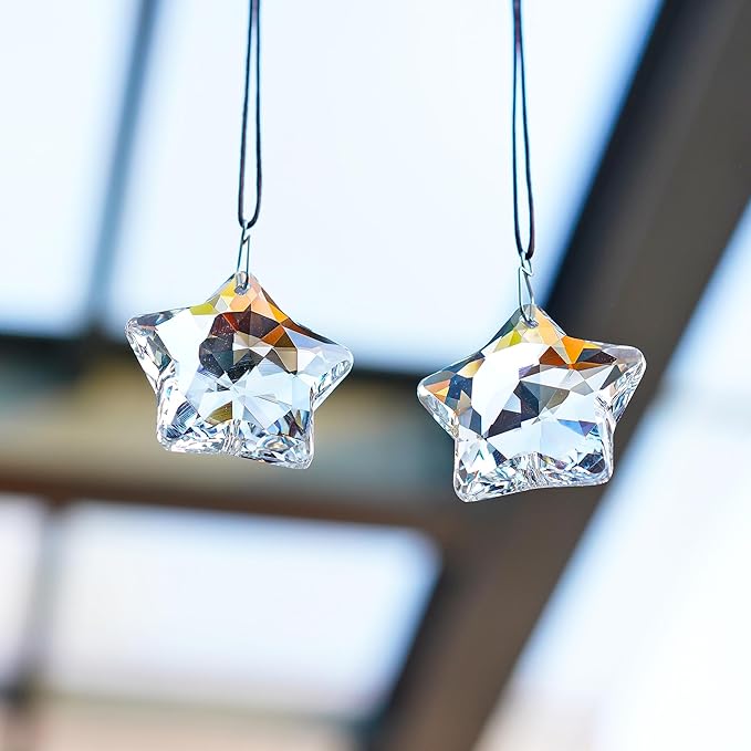 H&D HYALINE & DORA 2 Pcs 2" Crystal Sun Catcher Prisms for Windows Star Chandelier Crystals Clear Hanging Crystals for Patio,Chandelier,Garden Decoration