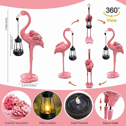 Flamingo Solar Garden Statue, 18.9 Inch Flamingo Figurine with Hanging Solar Lanterns, Outdoor Garden Decor Tropical Sculpture Statues for Patio Yard Porch, Birthday Gifts for Mom Women Mother's Day