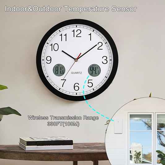 jomparis Outdoor Clock Waterproof with Thermometer Combo Metal Frame Silent Wall Clock for Patio Pool 12 Inch