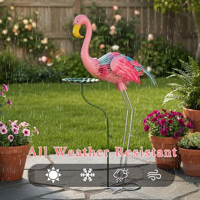 Large Flamingo Garden Statue, Metal Pink Flamingo Outoor Statue with Leaf Tray, Lawn Flamingos Ornaments Bird Art Yard Decor for Garden, Backyard, Present for Woman(38.58 Inch Tall)