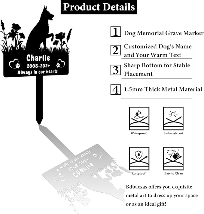 Custom German Shepherd Dog Memorial Grave Marker,Personalized Pet Dog Memorial Garden Stake,Flora Dog Memorial Plaque Burial Stake Engraved Sign,Dog Sympathy Grave Stake,Dog Statue Headstone