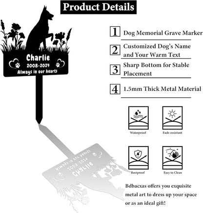 Custom German Shepherd Dog Memorial Grave Marker,Personalized Pet Dog Memorial Garden Stake,Flora Dog Memorial Plaque Burial Stake Engraved Sign,Dog Sympathy Grave Stake,Dog Statue Headstone