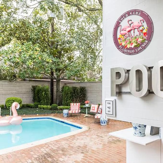 MeMate Flamingo Metal Sign, Outdoor Décor for Backyard, Patio, Pool, Kitchen, Lounge, Personalized Name Outdoor Sign, Pink Metal Sign Housewarming Gift for Family Friend
