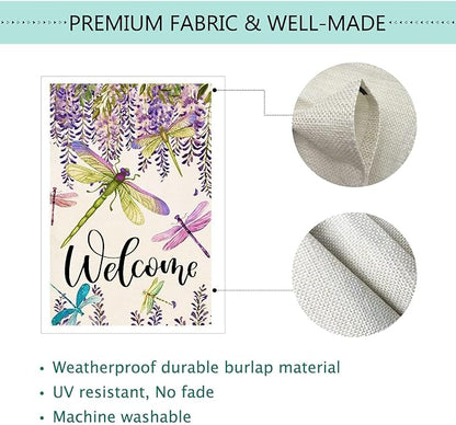 Baccessor Spring Summer Flower House Flag Wisteria Dragonfly Floral Welcome House Flag Burlap Double Sided Vertical Seasonal Farmhouse Wedding Yard Outdoor Decoration 28 x 40 Inch (Large)