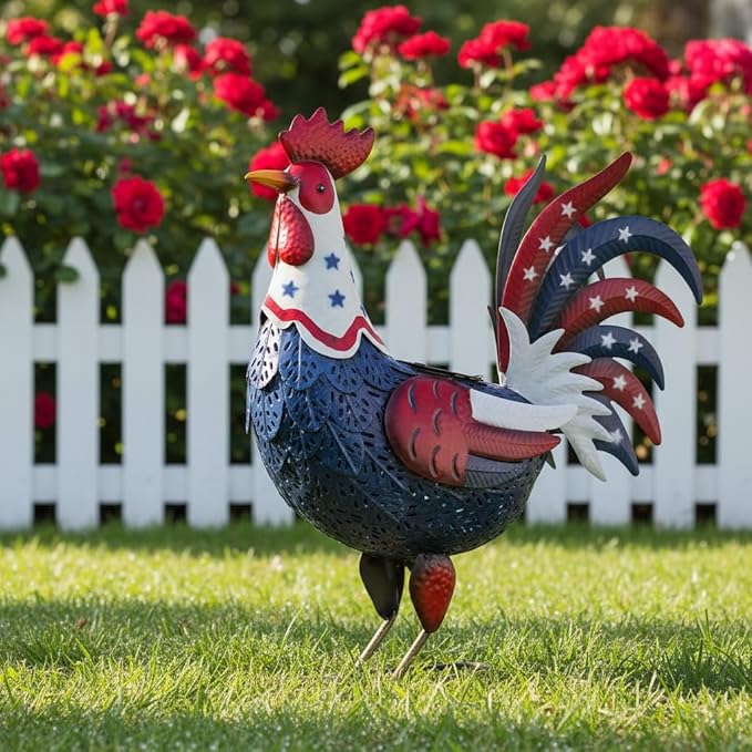 LIFFY Metal Rooster Yard Decor,18" Solar Chicken Outdoor Garden Statues with Patriotic Flag Design,Farm Animal Figurines Decorative Ornament Outside for Patio Backyard Lawn,Gifts for Chicken Lover