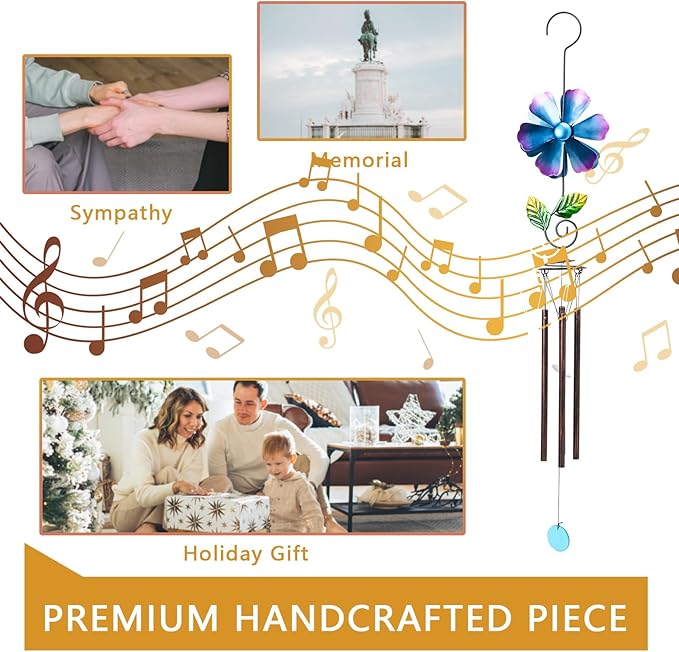 MUMTOP Wind Chimes for Outside Clearance - Garden Wind Chimes with Flower Wind Spinner, 33 Inch Deep Tone Metal Memorial Sympathy Windchimes for Patio Outdoor Porch Yard Decor Gifts(Blue)