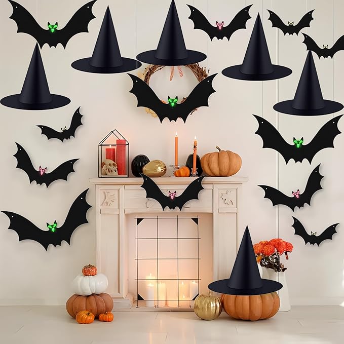 Halloween Hanging Bats 12 Pieces 3D Realistic Scary Bats and 6 Witch Hats Costume Accessories Party Decorations for Yard Sign Outdoor Indoor Lawn Decor