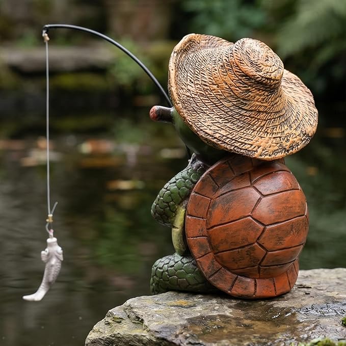Elenon Fishing Turtle Garden Statue, 9" Turtle with Pole Decor for Koi Pond Waterfalls, Adorable Flower Bed Outdoor Yard Patio Art Decorative Sculptures Table Ornament