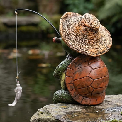 Elenon Fishing Turtle Garden Statue, 9" Turtle with Pole Decor for Koi Pond Waterfalls, Adorable Flower Bed Outdoor Yard Patio Art Decorative Sculptures Table Ornament