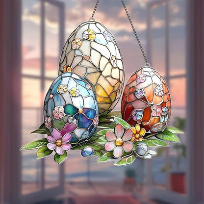 Easter Sun Catcher for Window Hanging with Easter Eggs Designs Cute Ornament Full Cover Acrylic Stained Glass for Garden Party Decor Women Friends Easter Gift