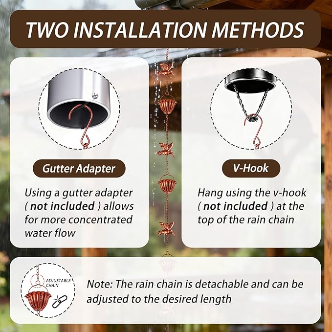 8.8ft Rain Chains for Gutters Outside, Adjustable Hanging Rain Hutter Catcher Chain with 6 Metal Flower Cups & Hummingbird Decor, Downspout Substitute for Garden Drainage and Courtyard
