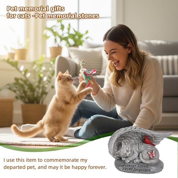 Cat Memorial Stones with Angel Wing Kitten Sculpture Sleeping 6 Inch, Pet Grave Markers Resin Pet Loss Sympathy Gift Cat for Outdoor Garden Gravesite Funeral