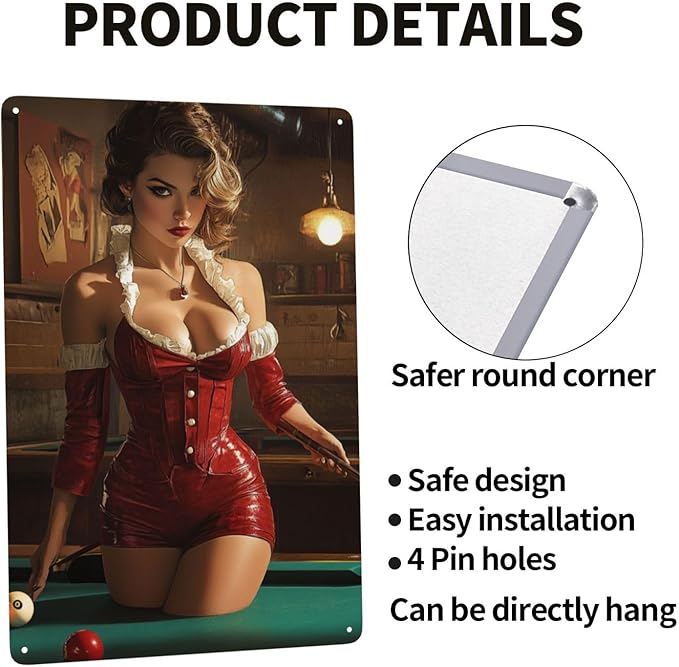 Cafemira Vintage tin sign,sexy woman &pool table,Metal sign Art Decor wall,for studio,office,cafe,bar,living room,Yard,Patio,pool hall decorative plaque poster,easy to hang.8x12 Inch