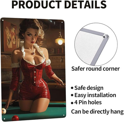 Cafemira Vintage tin sign,sexy woman &pool table,Metal sign Art Decor wall,for studio,office,cafe,bar,living room,Yard,Patio,pool hall decorative plaque poster,easy to hang.8x12 Inch