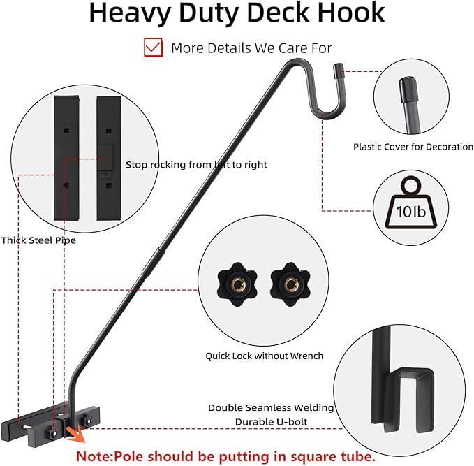Deck Hook Railing Mount - Heavy Duty Metal Shepherds Hook Bracket for Outdoor Plant Hanger, Bird Feeder Hanger, Plant Hooks, Flower Baskets, Lanterns - 360° Rotating Pole, Extended Arm
