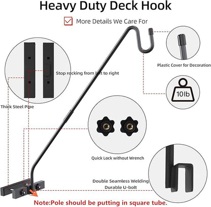 Deck Hook Railing Mount - Heavy Duty Metal Shepherds Hook Bracket for Outdoor Plant Hanger, Bird Feeder Hanger, Plant Hooks, Flower Baskets, Lanterns - 360° Rotating Pole, Extended Arm