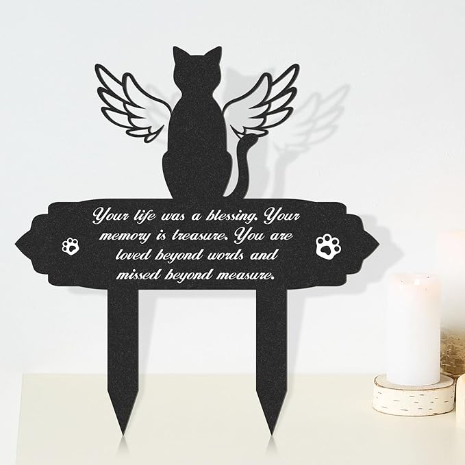 Rngmsi Cat Memorial Decorations - Garden Stakes Markers with Angel Wings, Waterproof Metal Plaques for Cemetery, Cat Grave Decor