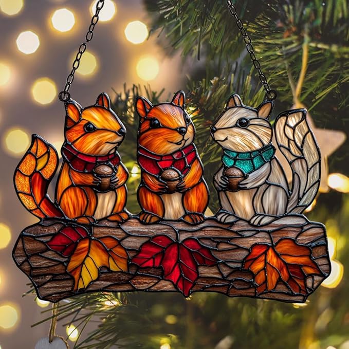 Autumn Squirrel Acrylic Suncatcher Stained Glass Effect Window Car Hanging Christmas Ornament Indoor Outdoor Decor Garden Sun Catcher Panel for Acrylic Suncatcher Lover for Women Mom Grandma